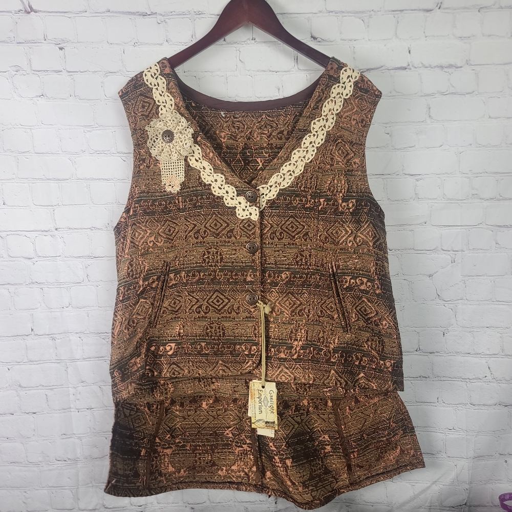 Steampunk up-cycled vest  XL  copper brocade vest with vintage lace